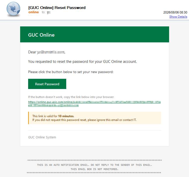 Reset Password email