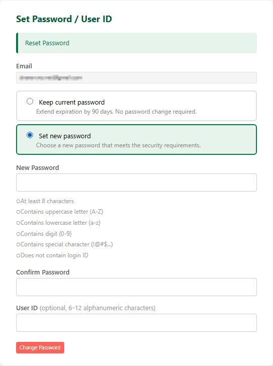 Set Password page